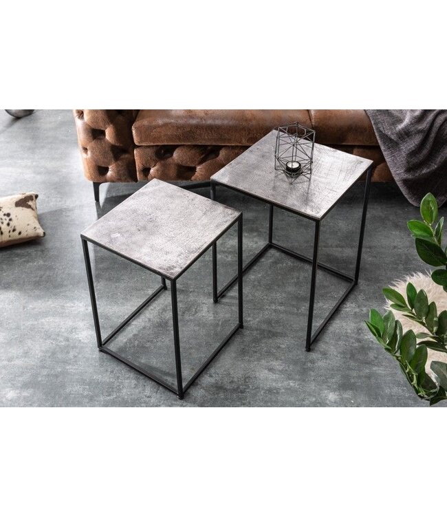 Invicta Interior Handgemaakte bijzettafel set van 2 ELEMENTS 40cm zilverzwarte salontafel - 40387