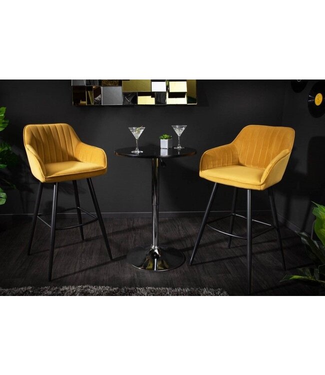 Invicta Interior Elegante barkruk TURIN mosterdgeel fluweel met decoratieve doorgestikte barstoel met armleuning - 40437