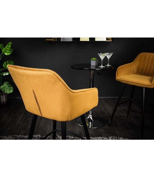 Invicta Interior Elegante barkruk TURIN mosterdgeel fluweel met decoratieve doorgestikte barstoel met armleuning - 40437