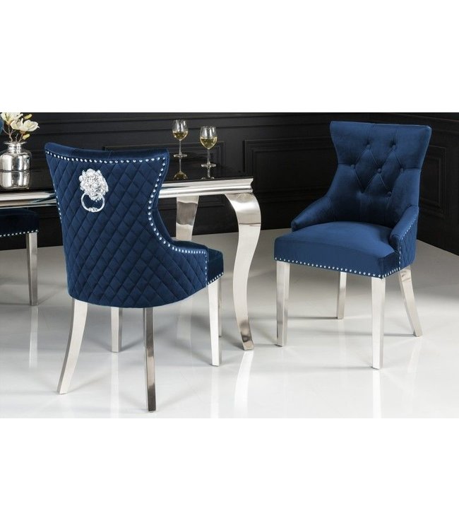 Invicta Interior Barokstoel CASTLE DELUXE koningsblauw fluweel leeuwenkop Chesterfield design eetkamerstoel klinknagels - 40473