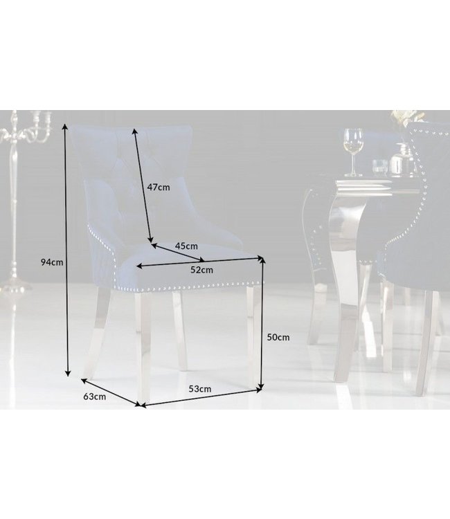 Invicta Interior Barokstoel CASTLE DELUXE koningsblauw fluweel leeuwenkop Chesterfield design eetkamerstoel klinknagels - 40473