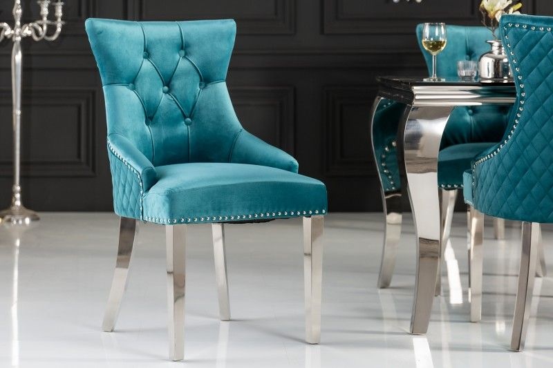 Invicta Interior Barokstoel CASTLE DELUXE turquoise fluwelen leeuwenkop Chesterfield design eetkamerstoel klinknagels - 40474