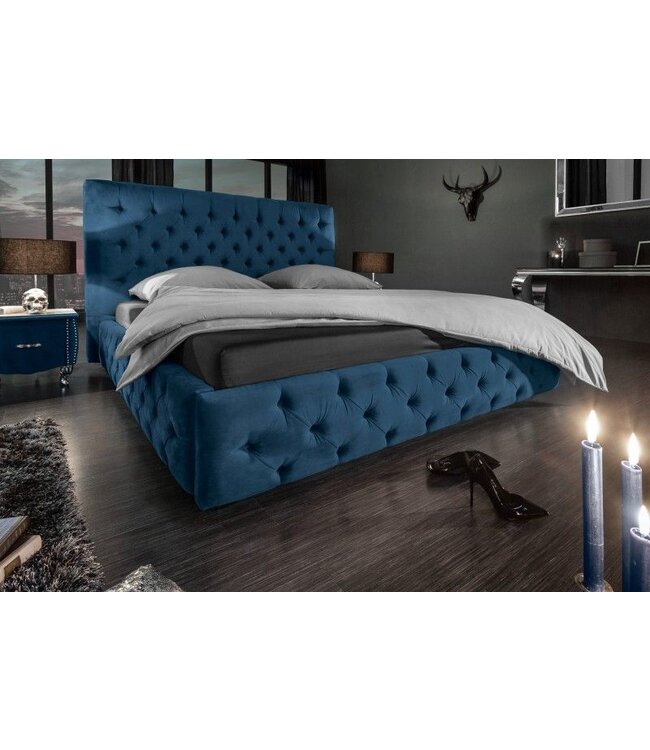 Invicta Interior Queensize tweepersoonsbed PARIS 160x200cm donkerblauw fluweel Chesterfield design - 40557