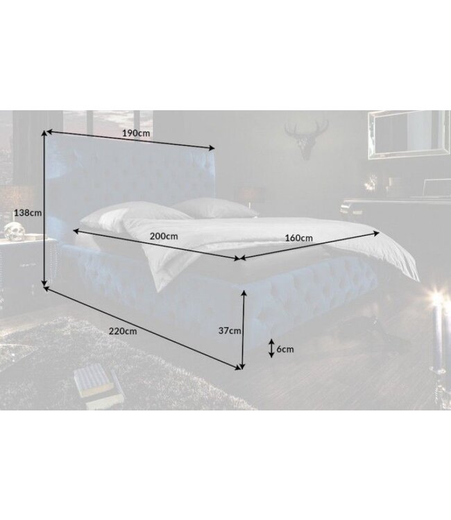 Invicta Interior Queensize tweepersoonsbed PARIS 160x200cm donkerblauw fluweel Chesterfield design - 40557