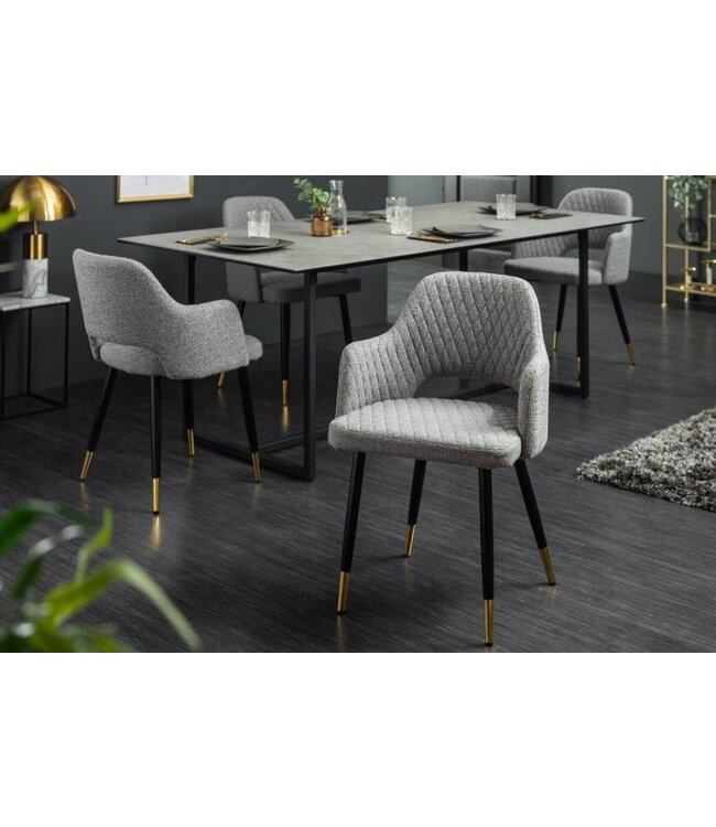 Invicta Interior Elegante stoel PARIS lichtgrijs met decoratieve stiksels en gouden voetkappen - 40570