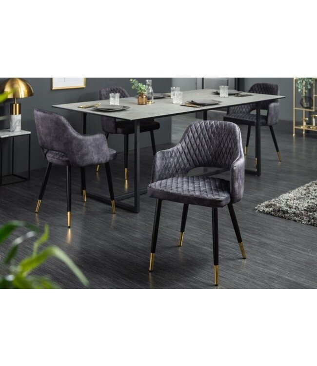 Invicta Interior Elegante stoel PARIS grijs fluweel decoratief quilten en gouden voetdoppen - 40571