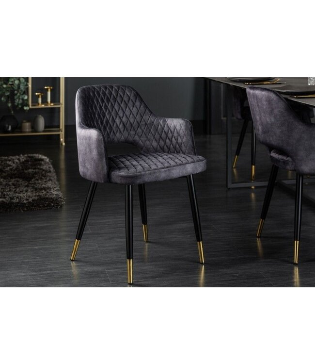 Invicta Interior Elegante stoel PARIS grijs fluweel decoratief quilten en gouden voetdoppen - 40571
