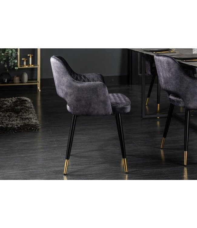 Invicta Interior Elegante stoel PARIS grijs fluweel decoratief quilten en gouden voetdoppen - 40571