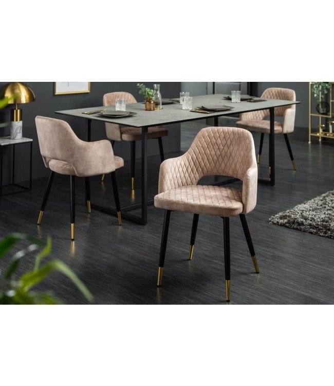 Invicta Interior Elegante stoel PARIS grijs fluweel decoratief quilten en gouden voetdoppen - 40572