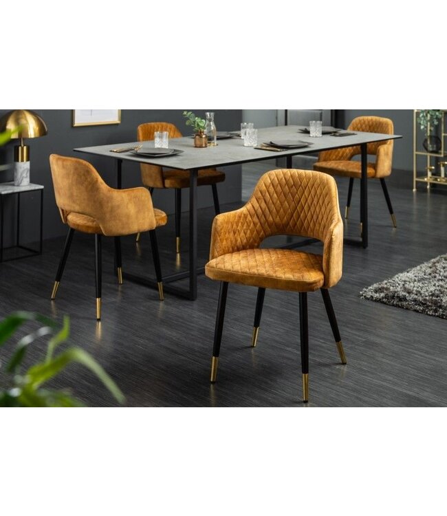 Invicta Interior Elegante stoel PARIS mosterdgeel fluweel decoratief quilten en gouden voetkappen - 40573