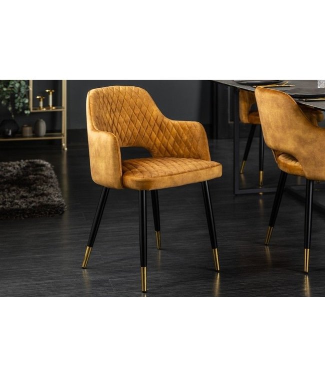 Invicta Interior Elegante stoel PARIS mosterdgeel fluweel decoratief quilten en gouden voetkappen - 40573