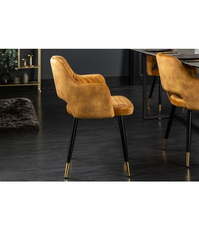 Invicta Interior Elegante stoel PARIS mosterdgeel fluweel decoratief quilten en gouden voetkappen - 40573