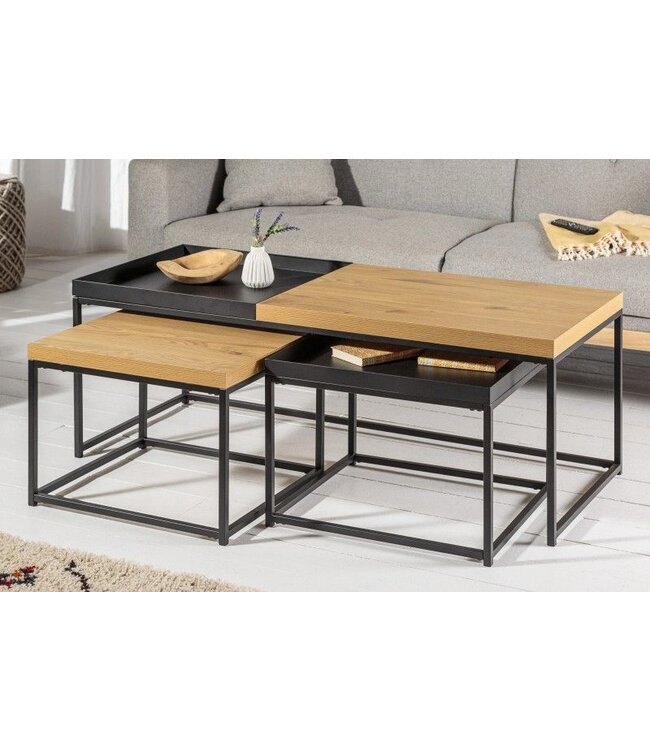 Invicta Interior industrieele salontafelset van 3 LOFT 120 cm uitneembaar blad in eikenlook - 40623