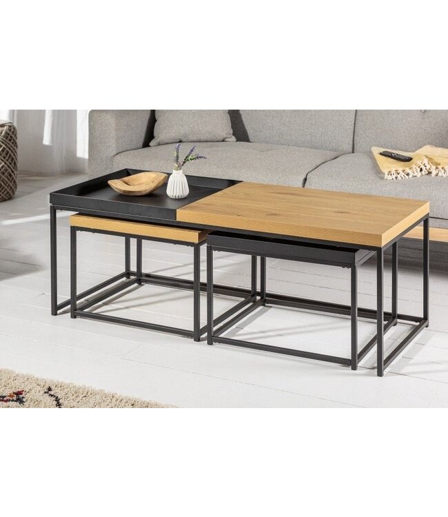 Invicta Interior industrieele salontafelset van 3 LOFT 120 cm uitneembaar blad in eikenlook - 40623