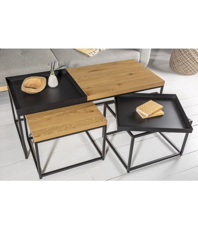 Invicta Interior industrieele salontafelset van 3 LOFT 120 cm uitneembaar blad in eikenlook - 40623