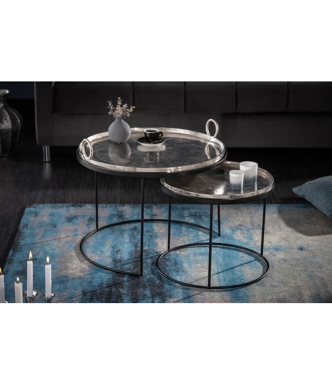 Invicta Interior Set van 2 ronde salontafels ELEMENTS 65cm zilverzwart metalen bijzettafeltje - 40637