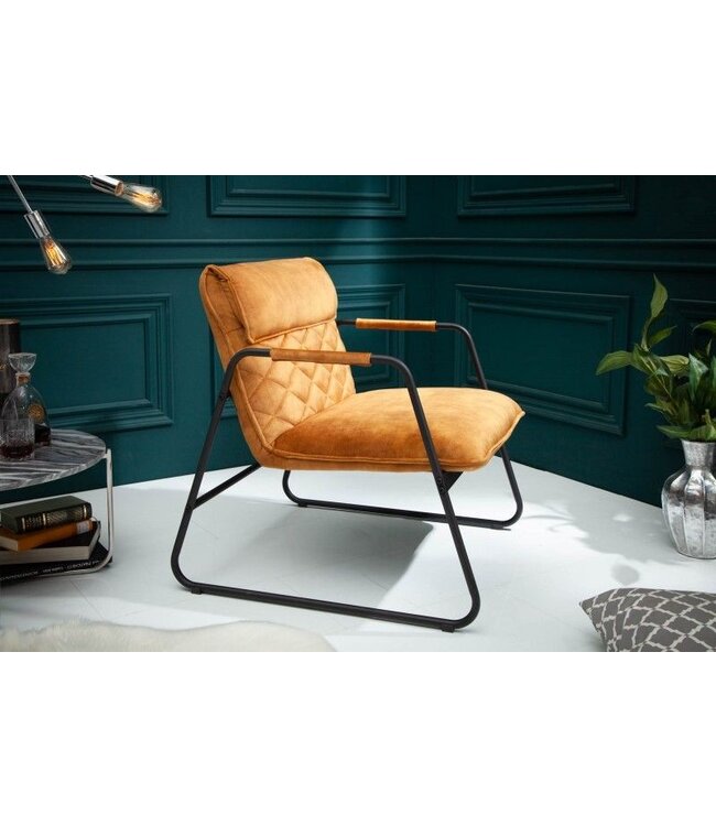 Invicta Interior Retro fauteuil MUSTANG LOUNGER mosterdgeel fluweel met decoratieve stiksels - 40759