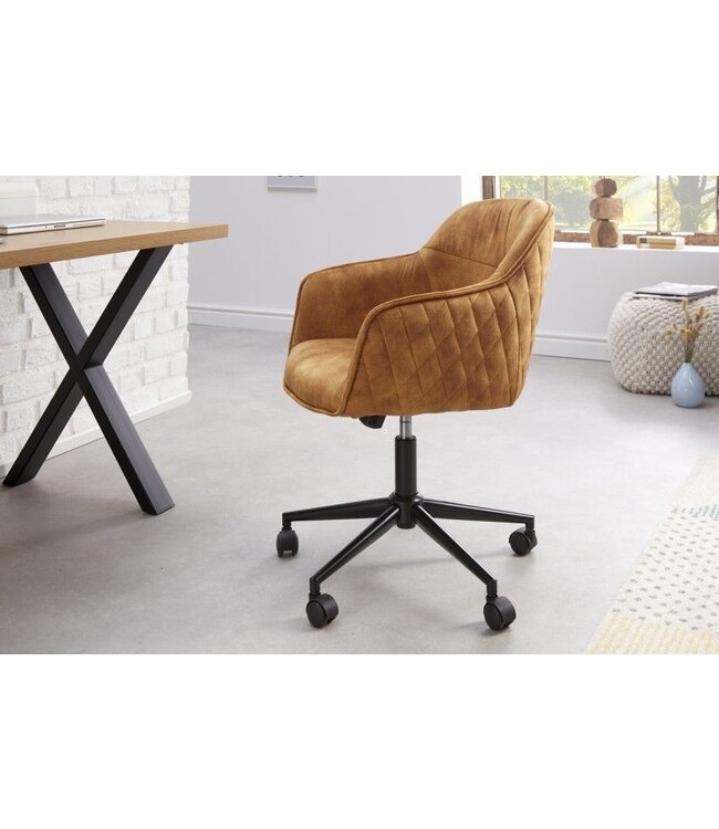 Invicta Interior In hoogte verstelbare bureaustoel EUPHORIA mosterdgeel fluweel met decoratieve stiksels - 40866