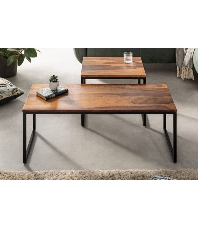 Invicta Interior Set van 2 design salontafels ELEMENTS 100cm Sheesham massief hout steenafwerking metalen frame - 41069