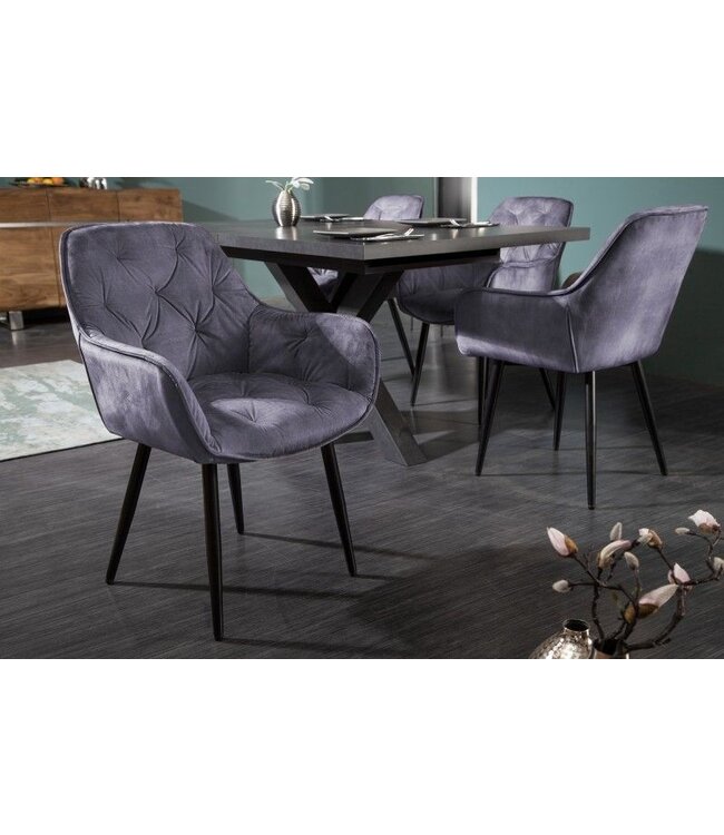 Invicta Interior Design stoel MILANO grijs fluweel met Chesterfield quilting - 41177