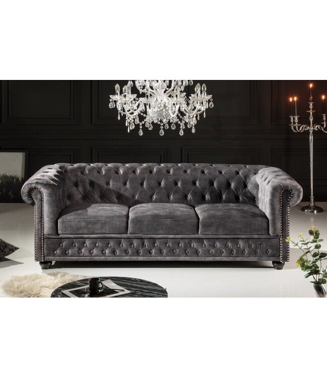 Invicta Interior Chesterfield 3-zitsbank 205cm grijs fluweel met knoopstiksel en veerkern - 41215
