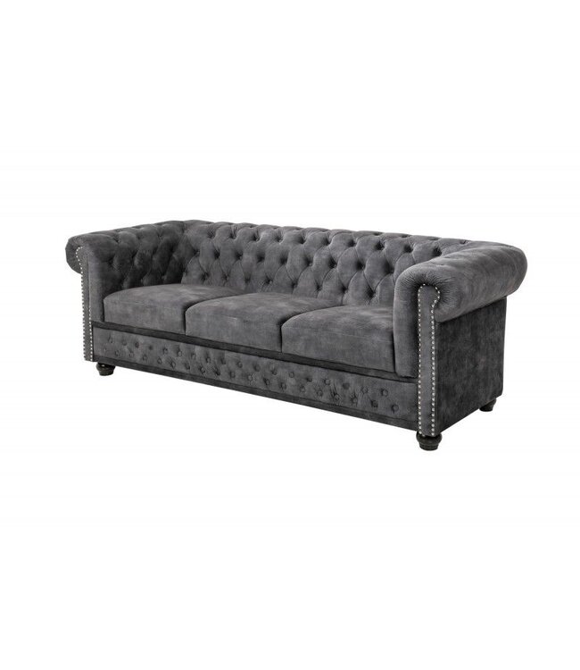 Invicta Interior Chesterfield 3-zitsbank 205cm grijs fluweel met knoopstiksel en veerkern - 41215
