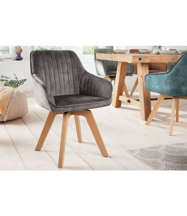 Invicta Interior Draaibare design stoel LIVORNO grijs fluwelen beukenhouten poten met armleuningen - 41309