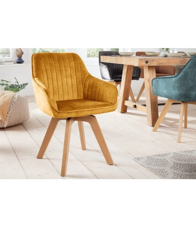 Invicta Interior Draaibare design stoel LIVORNO mosterdgeel fluweel beukenhouten poten met armleuningen - 41310
