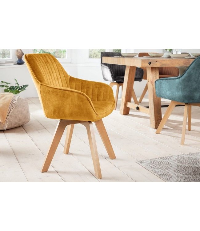 Invicta Interior Draaibare design stoel LIVORNO mosterdgeel fluweel beukenhouten poten met armleuningen - 41310