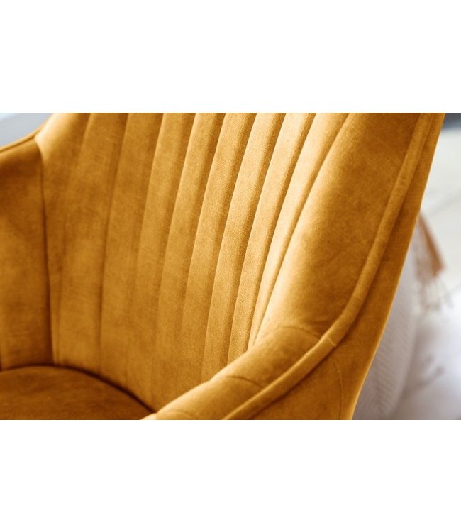 Invicta Interior Draaibare design stoel LIVORNO mosterdgeel fluweel beukenhouten poten met armleuningen - 41310