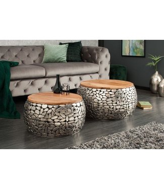 Invicta Interior Set van 2 ronde salontafels STONE MOSAIC 65cm zilver mangohout metaal handgemaakt mozaïekontwerp - 41433