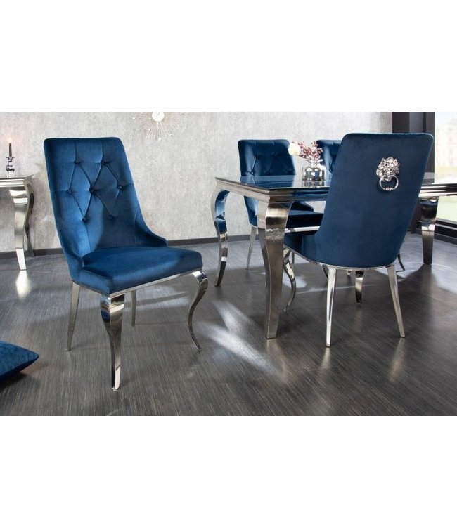 Invicta Interior Design stoel MODERN BAROK koningsblauw fluweel met zilveren leeuwenkop - 41505