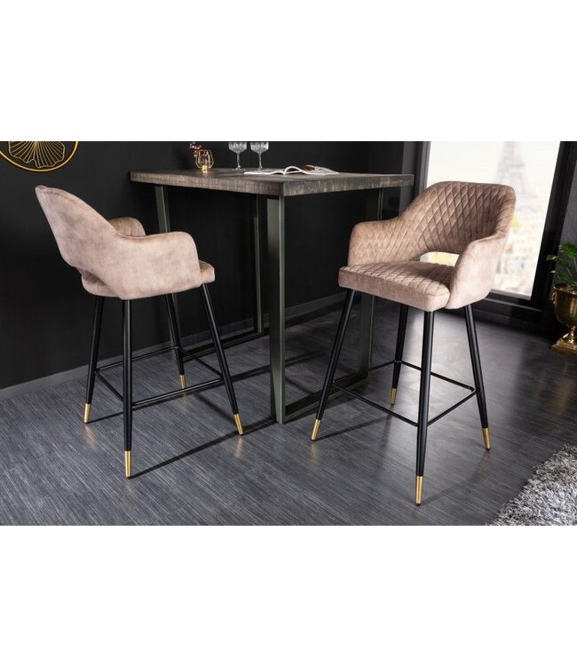 Invicta Interior Design barkruk PARIS grijs fluweel met decoratieve quilting en gouden voetdoppen - 41515