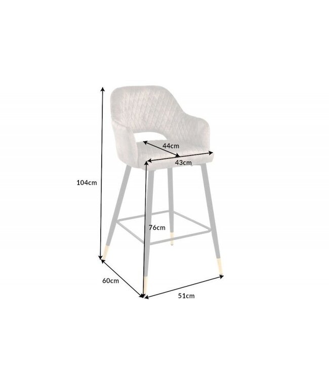 Invicta Interior Design barkruk PARIS grijs fluweel met decoratieve quilting en gouden voetdoppen - 41515