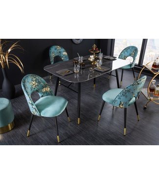 Invicta Interior Design stoel PRÊT-À-PORTER turquoise fluweel bloemmotief en gouden voetdoppen - 41702