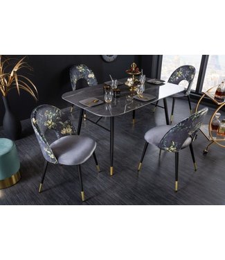 Invicta Interior Design stoel PRÊT-À-PORTER grijs fluweel bloemmotief en gouden voetdoppen - 41703