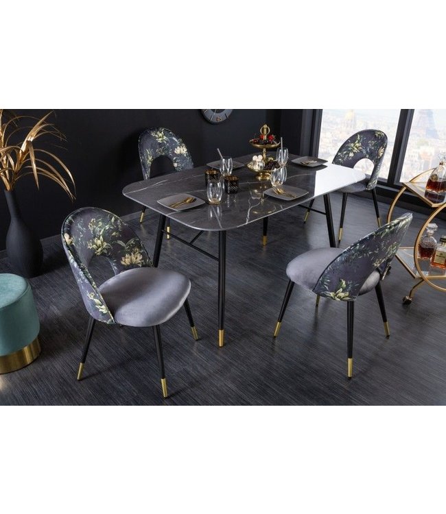 Invicta Interior Design stoel PRÊT-À-PORTER grijs fluweel bloemmotief en gouden voetdoppen - 41703