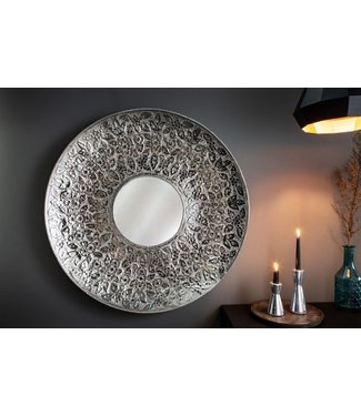 Invicta Interior Handgemaakte wandspiegel MANDALA XL 80cm zilver rond in bloemenpatroon van metaal - 41759