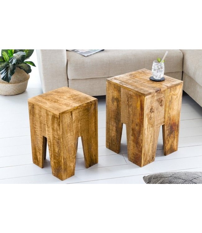Invicta Interior Design bijzettafel set van 2 JUNGLE 35cm natuurlijke mango massief houten salontafel handgemaakt - 42576
