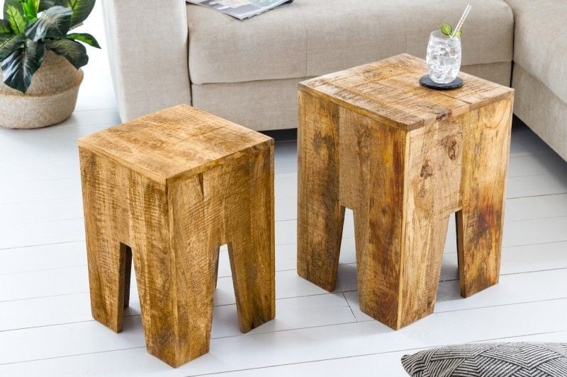 Invicta Interior Design bijzettafel set van 2 JUNGLE 35cm natuurlijke mango massief houten salontafel handgemaakt - 42576