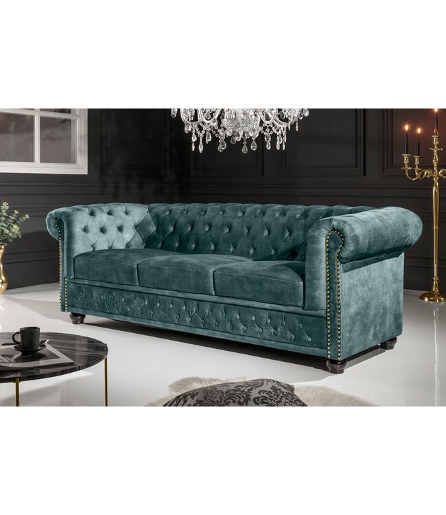 Invicta Interior Chesterfield 3-zitsbank 205cm petrol fluweel gouden klinknagels loungebank met veerkern - 43091