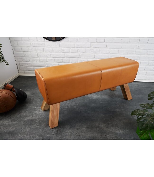 Invicta Interior Design bank TURNBOCK 100cm cognac echt lederen mangohouten retro kruk - 42698