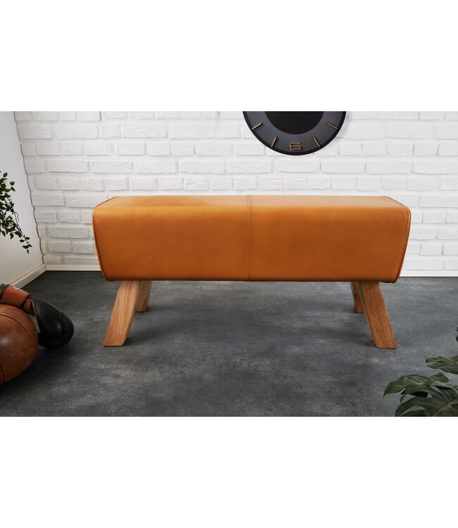 Invicta Interior Design bank TURNBOCK 100cm cognac echt lederen mangohouten retro kruk - 42698