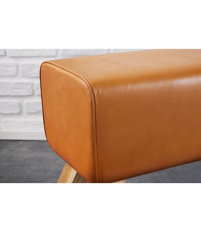 Invicta Interior Design bank TURNBOCK 100cm cognac echt lederen mangohouten retro kruk - 42698