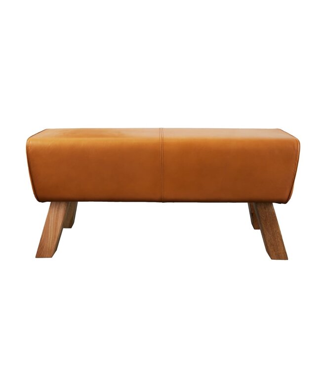 Invicta Interior Design bank TURNBOCK 100cm cognac echt lederen mangohouten retro kruk - 42698