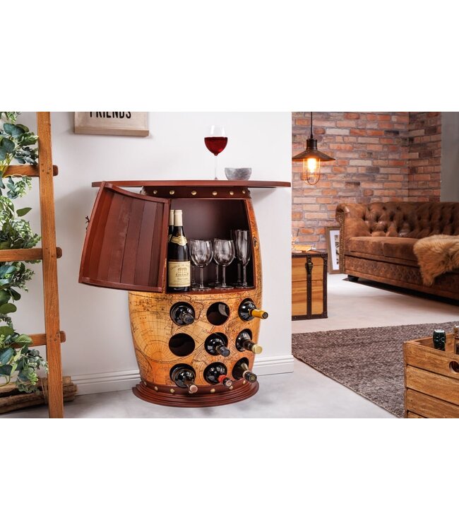 Invicta Interior Massief wijnrek SEVEN SEAS 80cm natuurlijk grenenhout wereldkaart wijnvat barkast - 42581