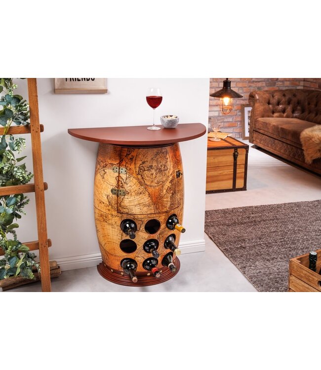 Invicta Interior Massief wijnrek SEVEN SEAS 80cm natuurlijk grenenhout wereldkaart wijnvat barkast - 42581
