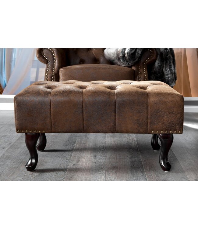 Invicta Interior Chesterfield voetenbank 80cm antiek bruin met knoopstiksels en klinknagels - 19449
