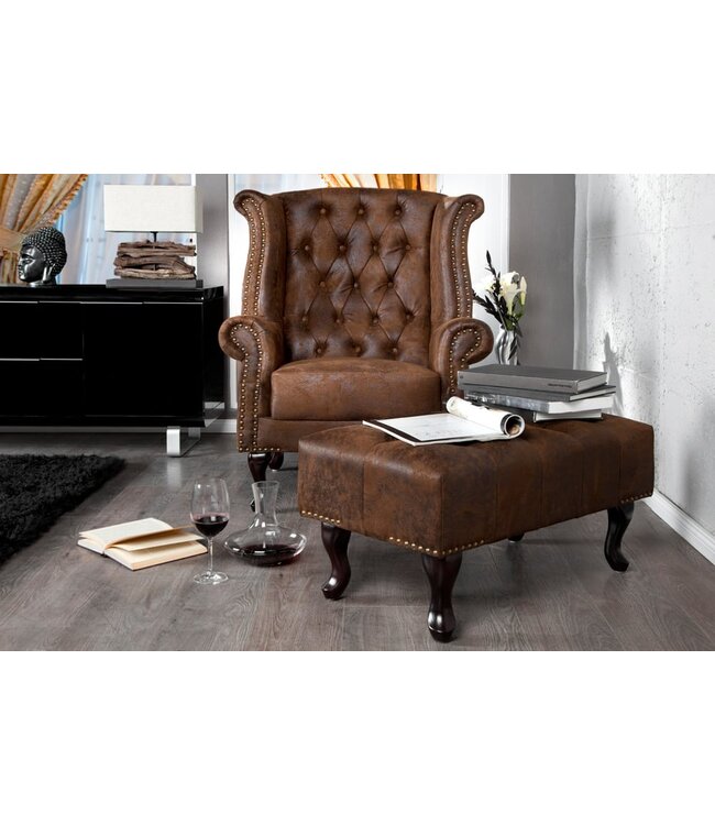 Invicta Interior Chesterfield voetenbank 80cm antiek bruin met knoopstiksels en klinknagels - 19449