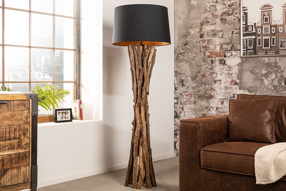 Massief houten vloerlamp HARMONY NATURE 151cm zwart teakhout met katoenen kap - 41386